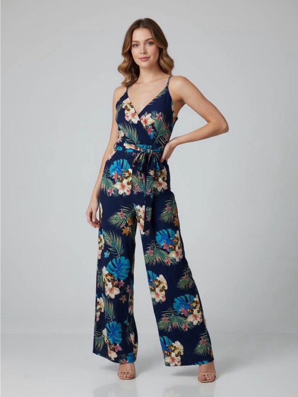 Floral Navy Wide-Leg Jumpsuit with Tie Waist